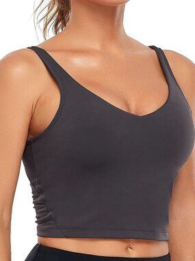 👑 Women Heart Charcoal Sleeveless Longline Padded Yoga Fitness Cropped Tank Top